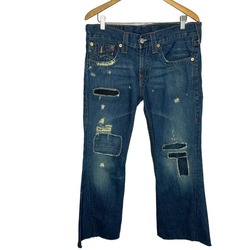 True Religion Joey Patchwork Flare Jeans Destroyed Grunge Y2K 90's USA Sz 32